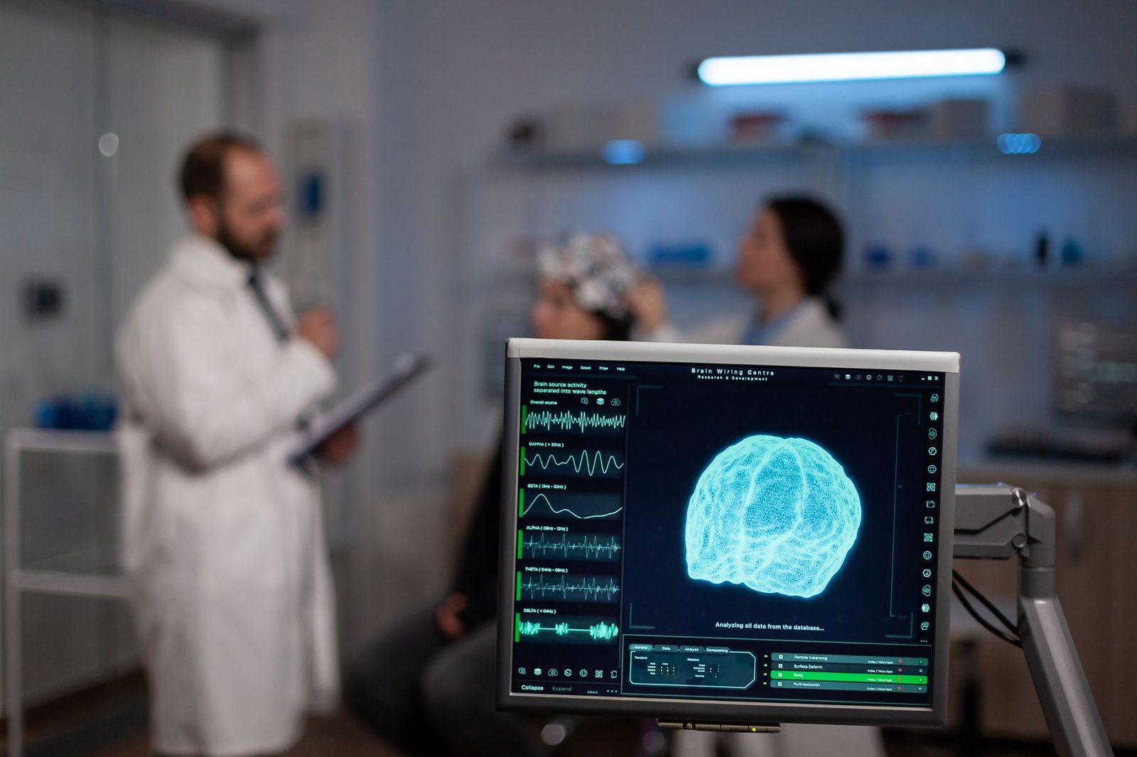 neuroscience doctor holding clipboard showing treatment against brain disease patient with eeg headset woman