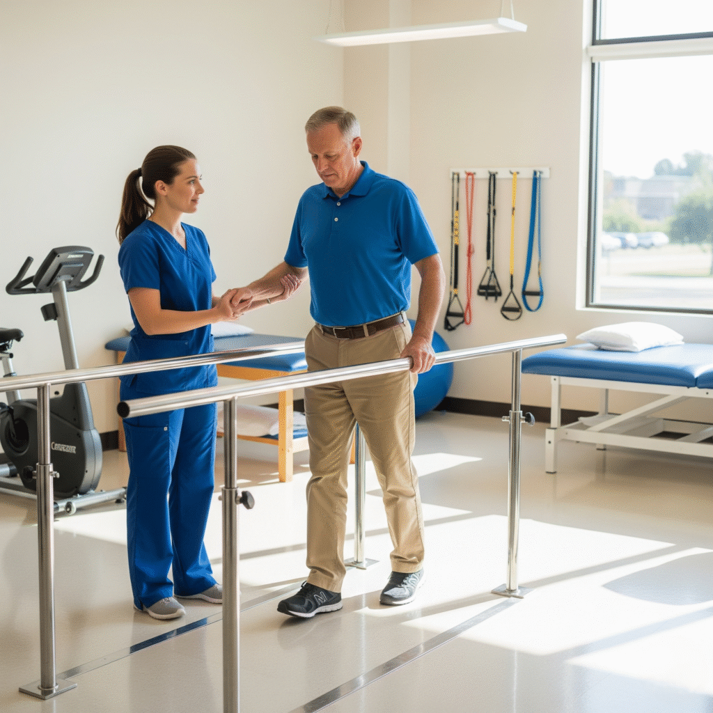 patient using parallel bars for gait training with a therapist