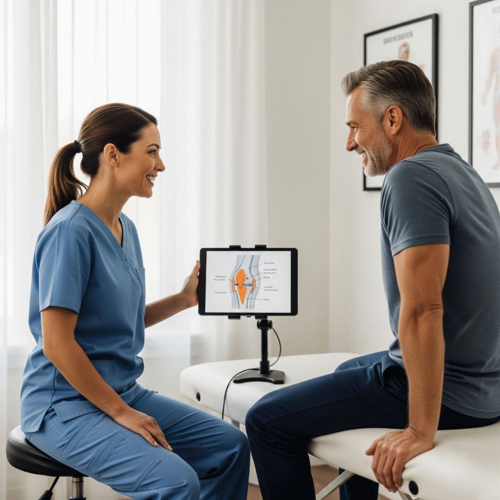 physiotherapist consulting with a patient