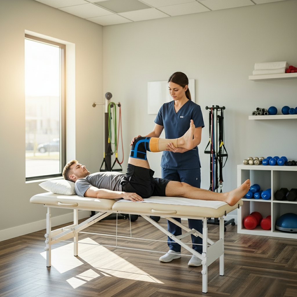 An athlete receiving knee therapy at a clinic.