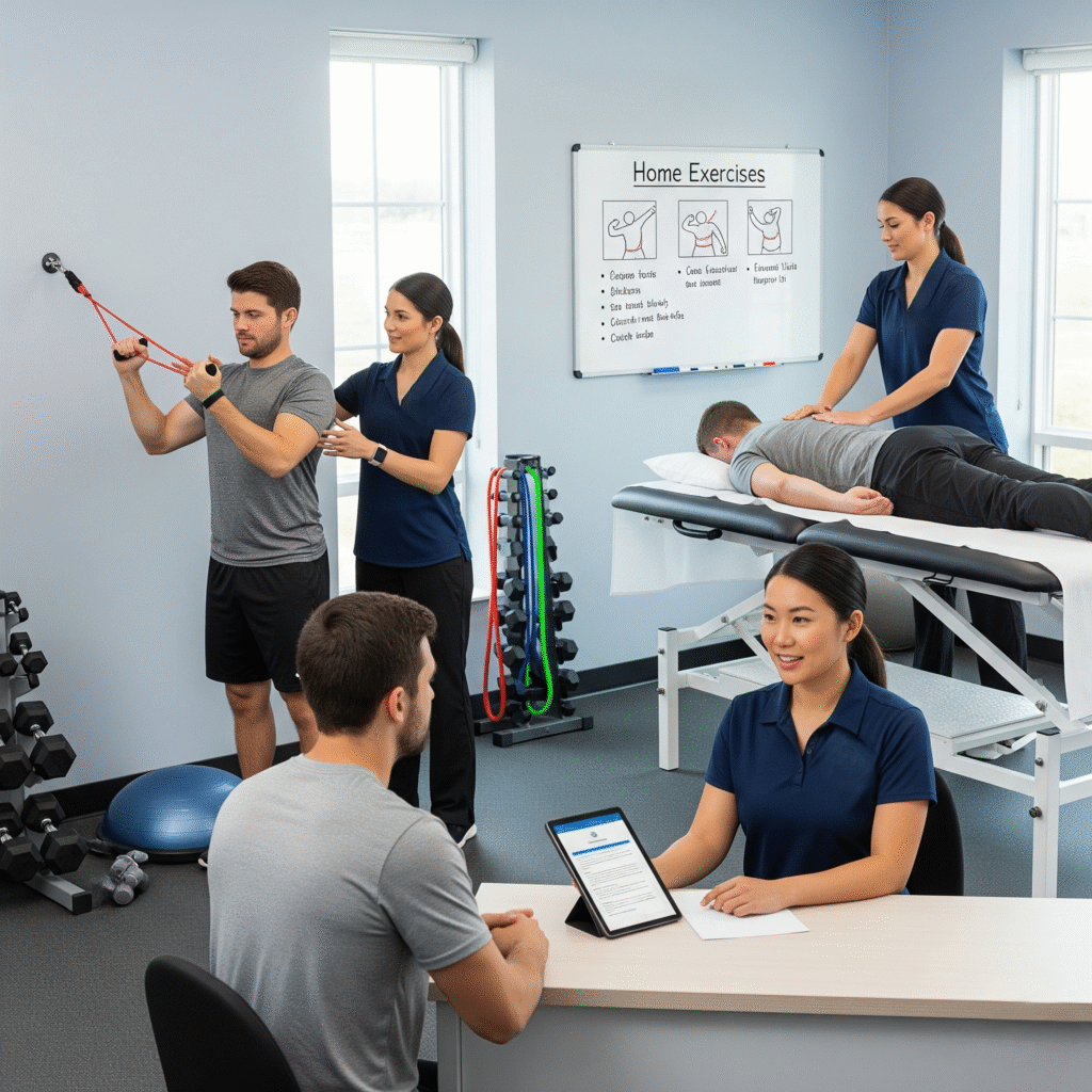 PT session consultation, exercises, manual therapy, and home instructions.