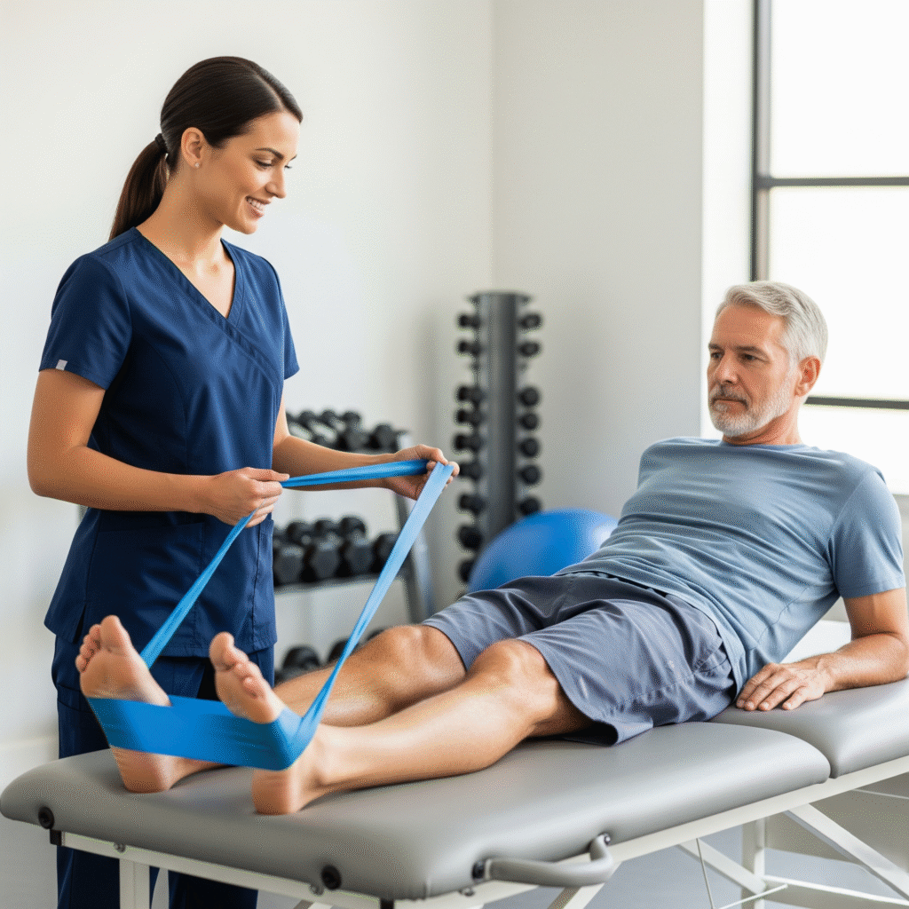 physical therapist assisting a patient with leg exercises