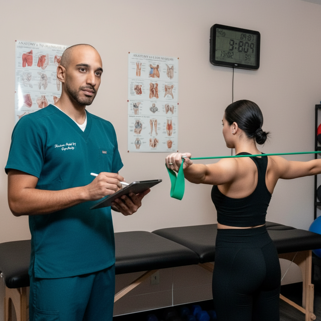 Therapist documenting session time while patient does exercises.