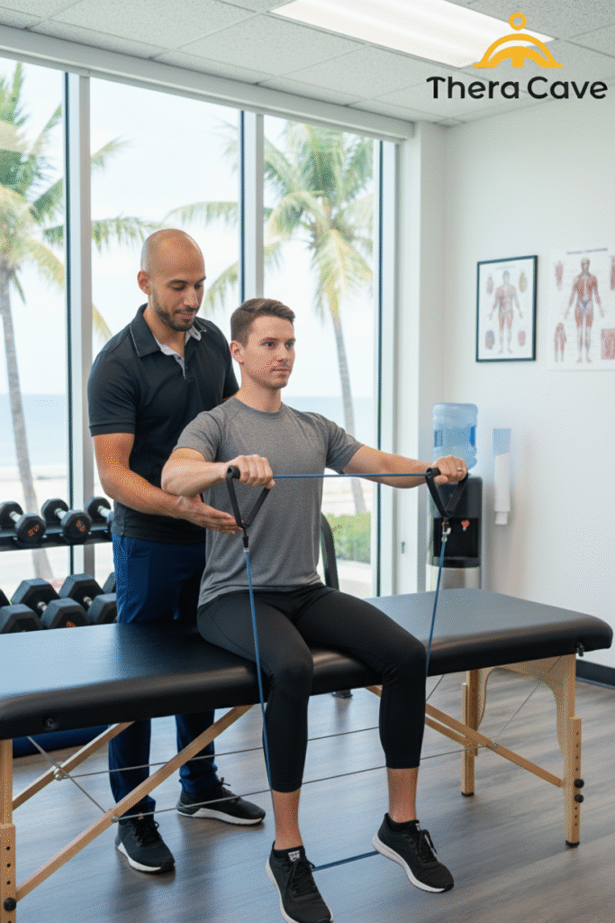 physical therapist assisting a patient with guided exercises