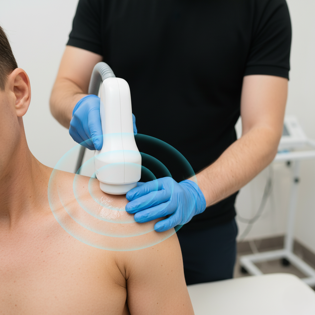 How does shockwave therapy actually work? A physical therapist performing shockwave therapy on a patient’s shoulder