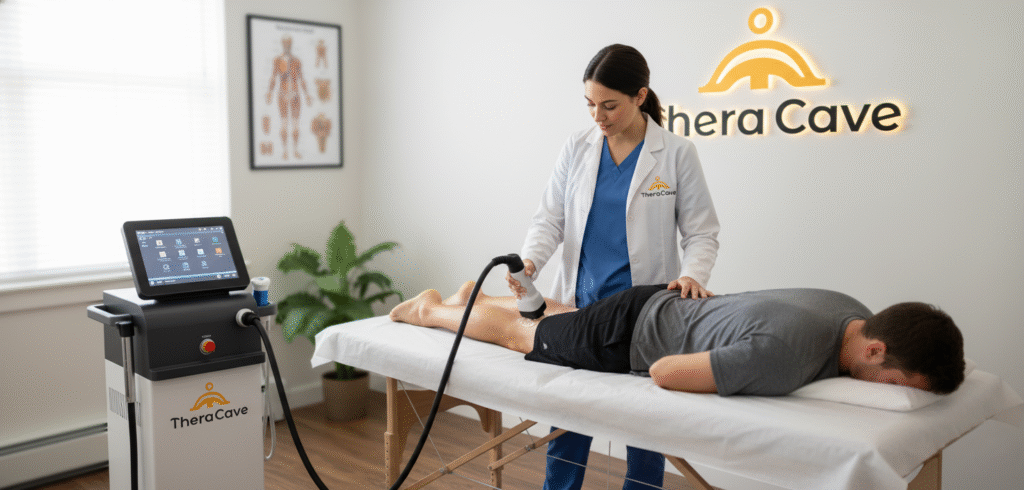 A professional clinic setting with shockwave therapy equipment.