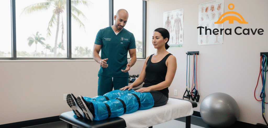 r Patient using ice therapy on legs after a physical therapy session.
