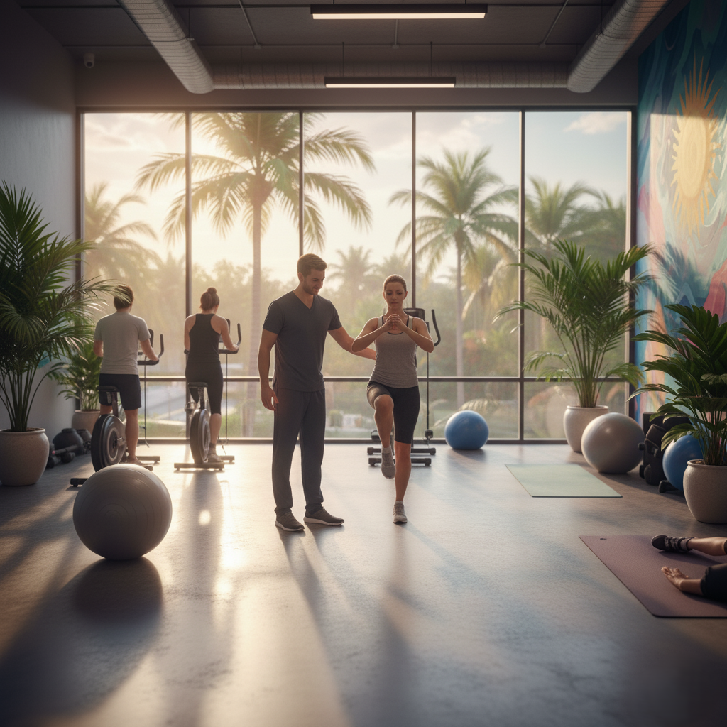 therapist guiding a patient through stretching or balance training