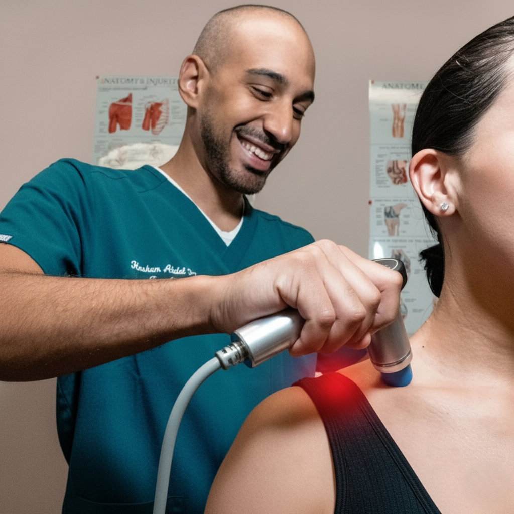 therapist performing shockwave therapy on a patient’s leg or shoulder.