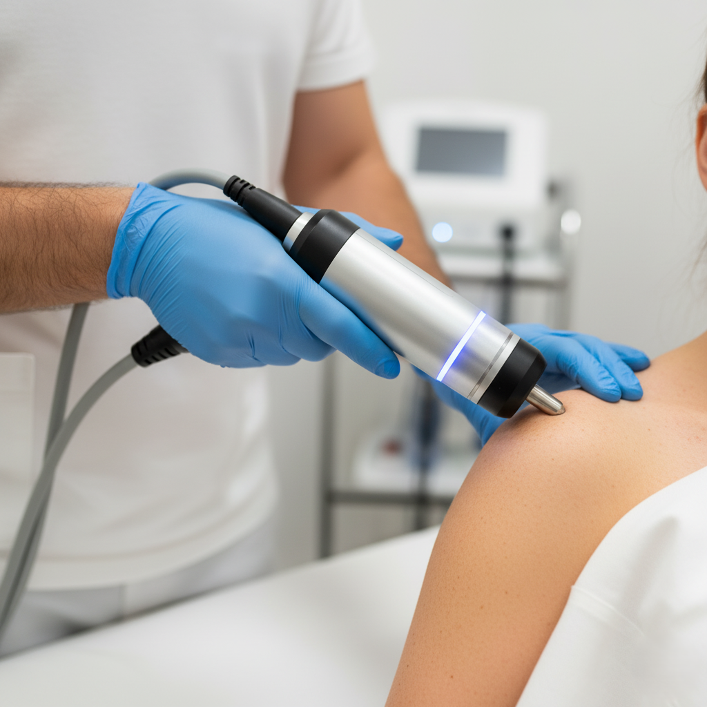 What is the science behind shockwave therapy in Fort Lauderdale? A close up of a therapist performing shockwave therapy on a patient’s shoulder.