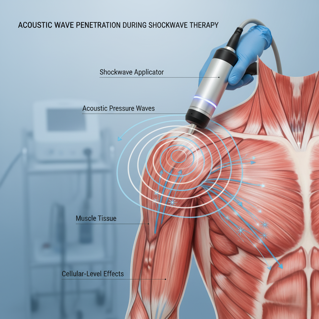What is the science behind shockwave therapy in Fort Lauderdale? A diagram showing how acoustic waves penetrate muscle tissue during shockwave therapy
