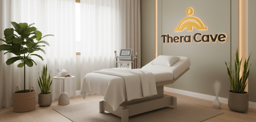 How powerful is shockwave therapy for Fort Lauderdale? A relaxing wellness clinic room prepared for a shockwave therapy session.