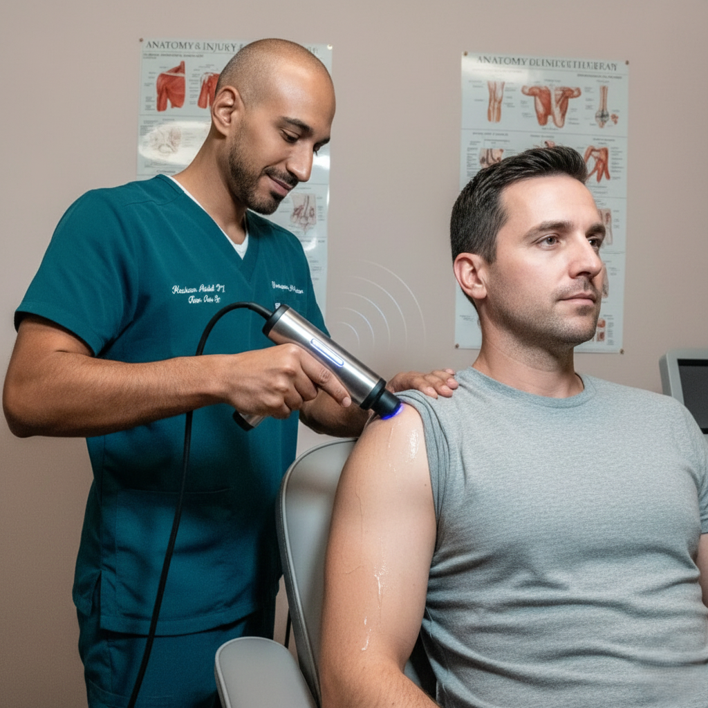 How powerful is shockwave therapy for Fort Lauderdale? A wellness specialist performing shockwave therapy on a patient’s shoulder using professional grade equipment.