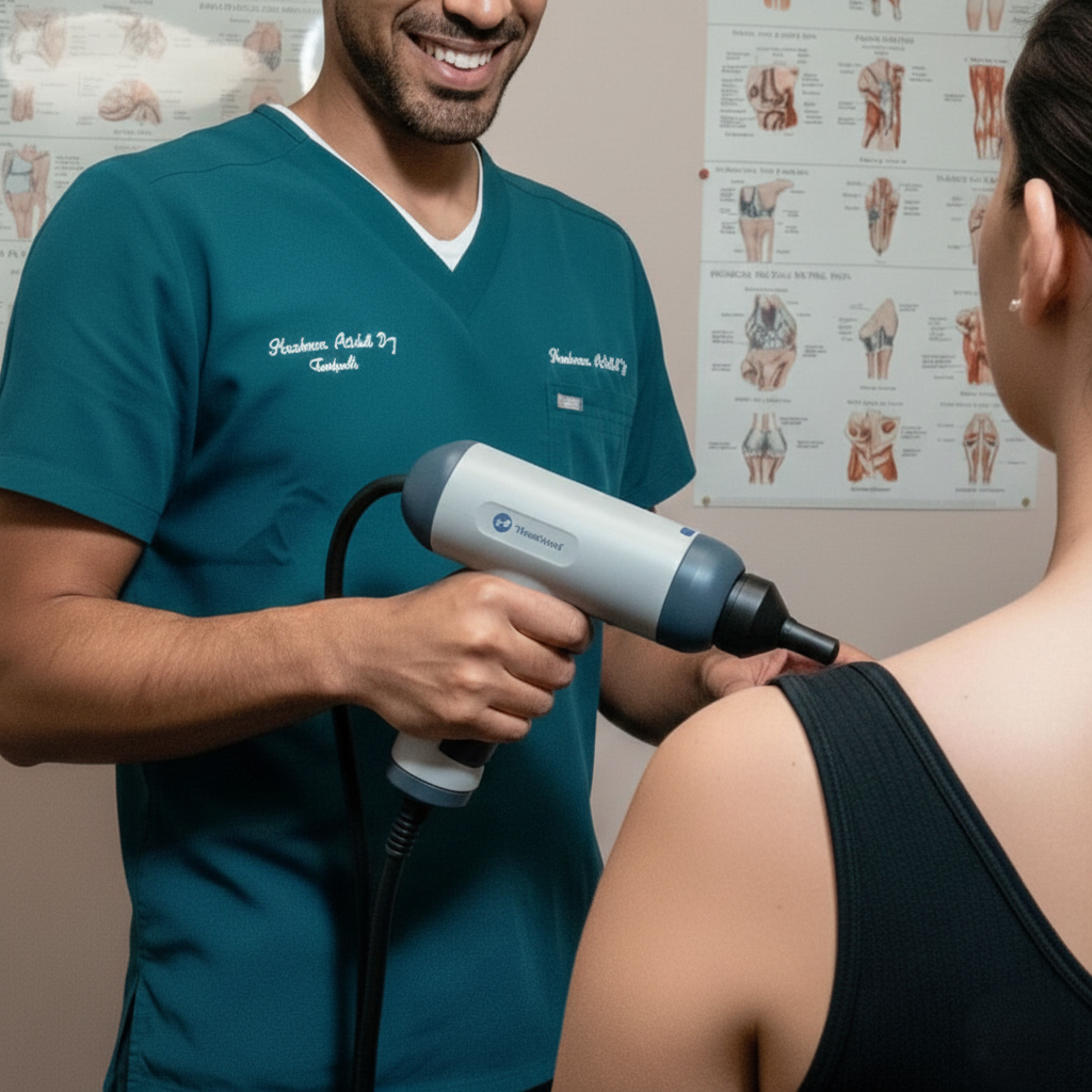 Who needs shockwave therapy in Fort Lauderdale? A wellness technician applying shockwave therapy to a client’s shoulder using a professional device in a clean treatment room.