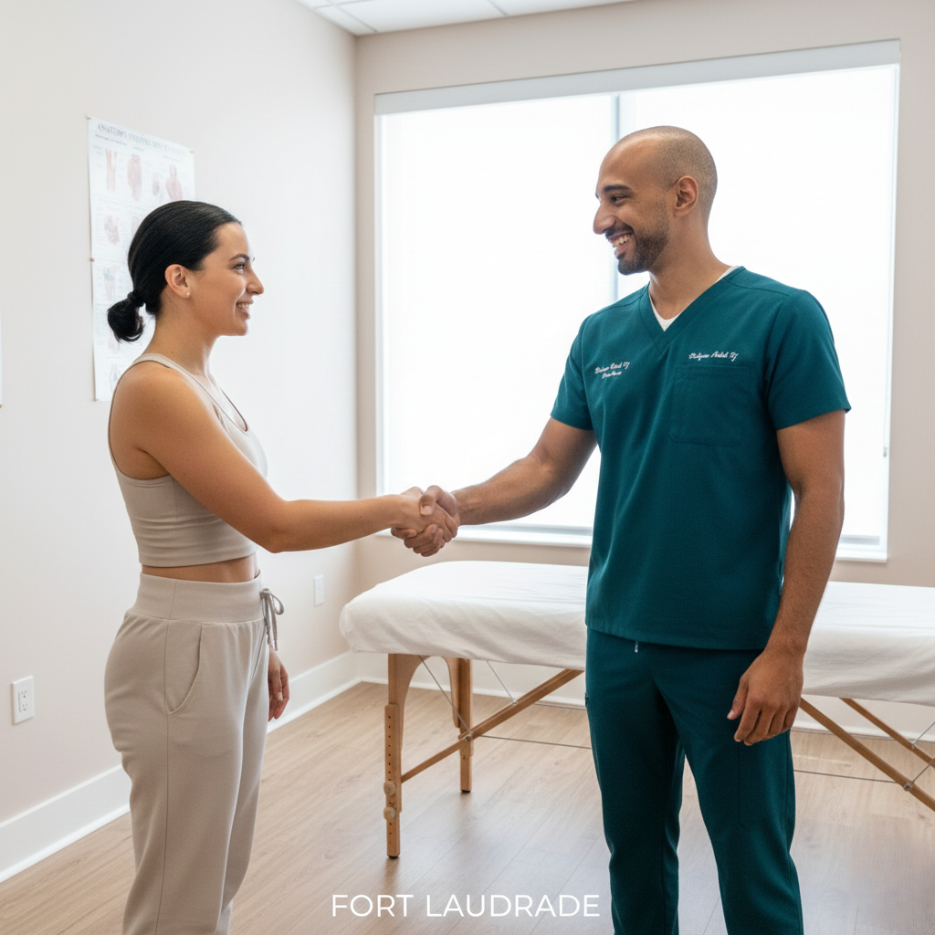 Who needs shockwave therapy in Fort Lauderdale? Friendly wellness specialist greeting a client in a modern Fort Lauderdale treatment room.