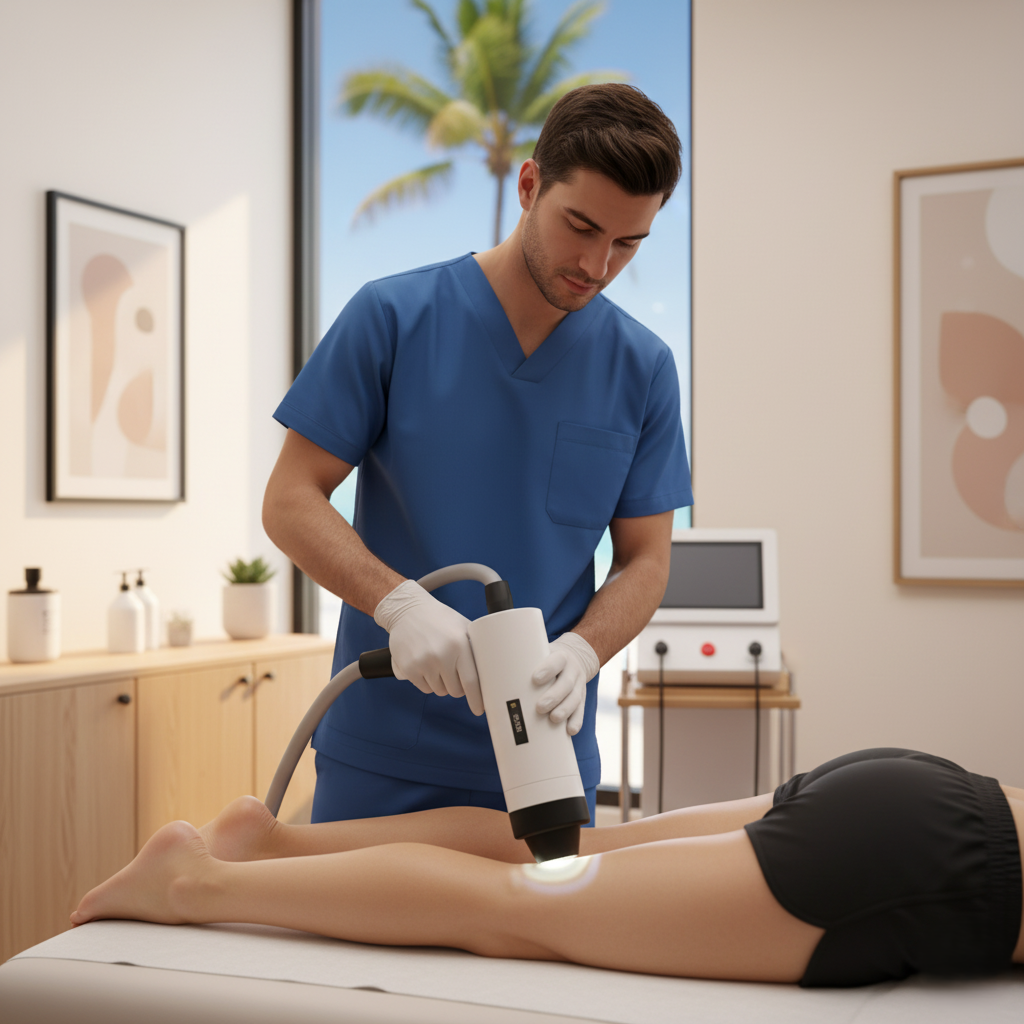 How deep does a shockwave therapy penetrate, for Fort Lauderdale Professional technician using a shockwave device on a client’s leg.