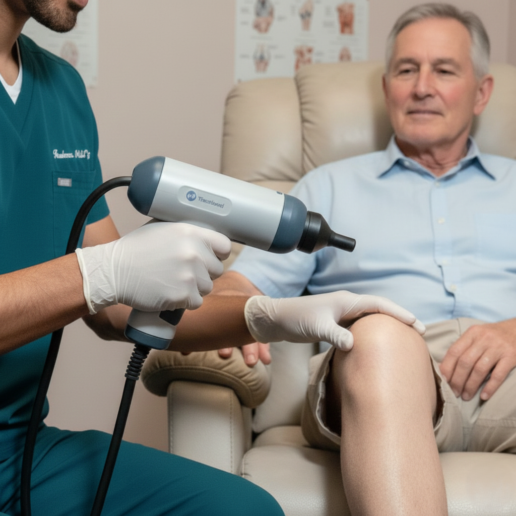 Who needs shockwave therapy in Fort Lauderdale? Senior adult receiving gentle shockwave therapy on the knee area in a wellness setting.