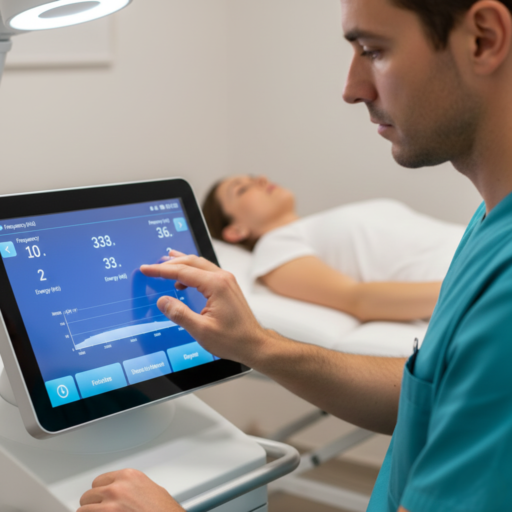 How powerful is shockwave therapy for Fort Lauderdale? Therapist checking machine settings to customize shockwave therapy intensity.