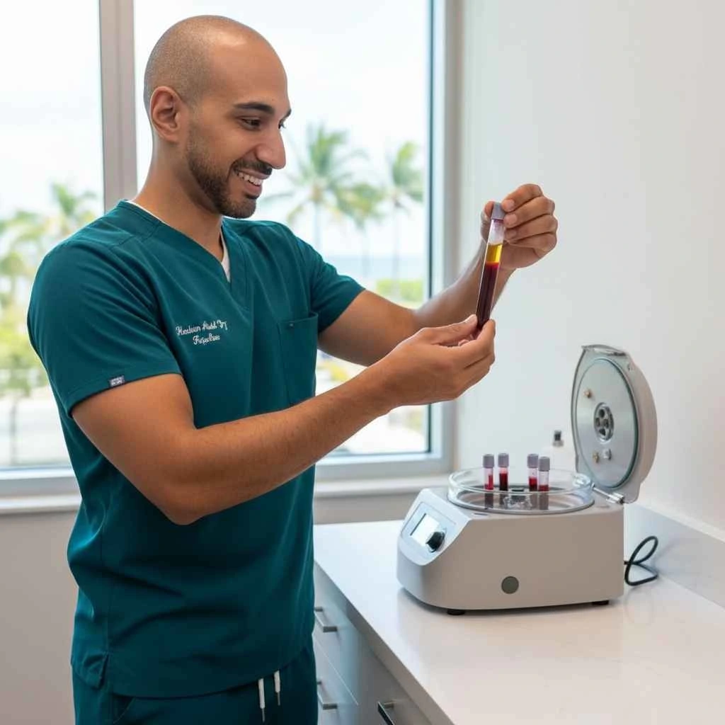 Are PRP injections painful Guide for Fort Lauderdale residents. A licensed clinician preparing PRP tubes in a modern treatment room.