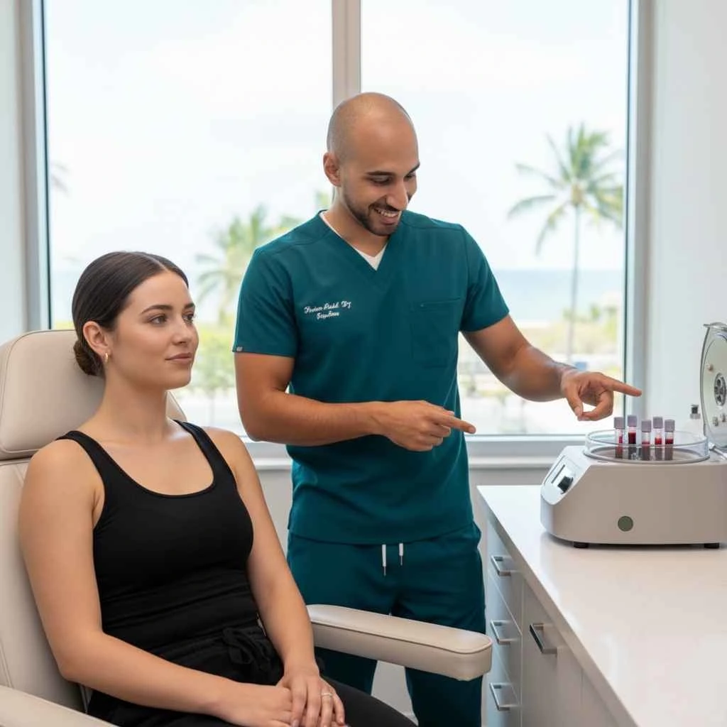 Are PRP injections painful Guide for Fort Lauderdale residents. Patient sitting comfortably in a treatment chair while PRP tubes process in the background.