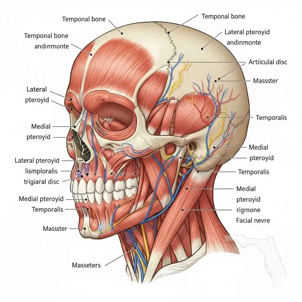Can TMJ cause dizziness in Fort Lauderdale Patients? Anatomical diagram showing the temporomandibular joint and surrounding muscles