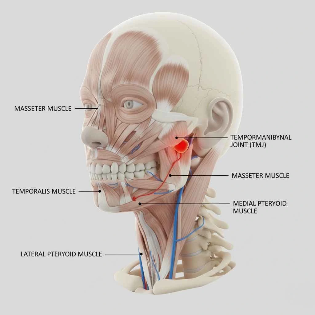 Can TMJ cause neck pain in Fort Lauderdale patients Anatomy diagram showing the TMJ and surrounding muscles