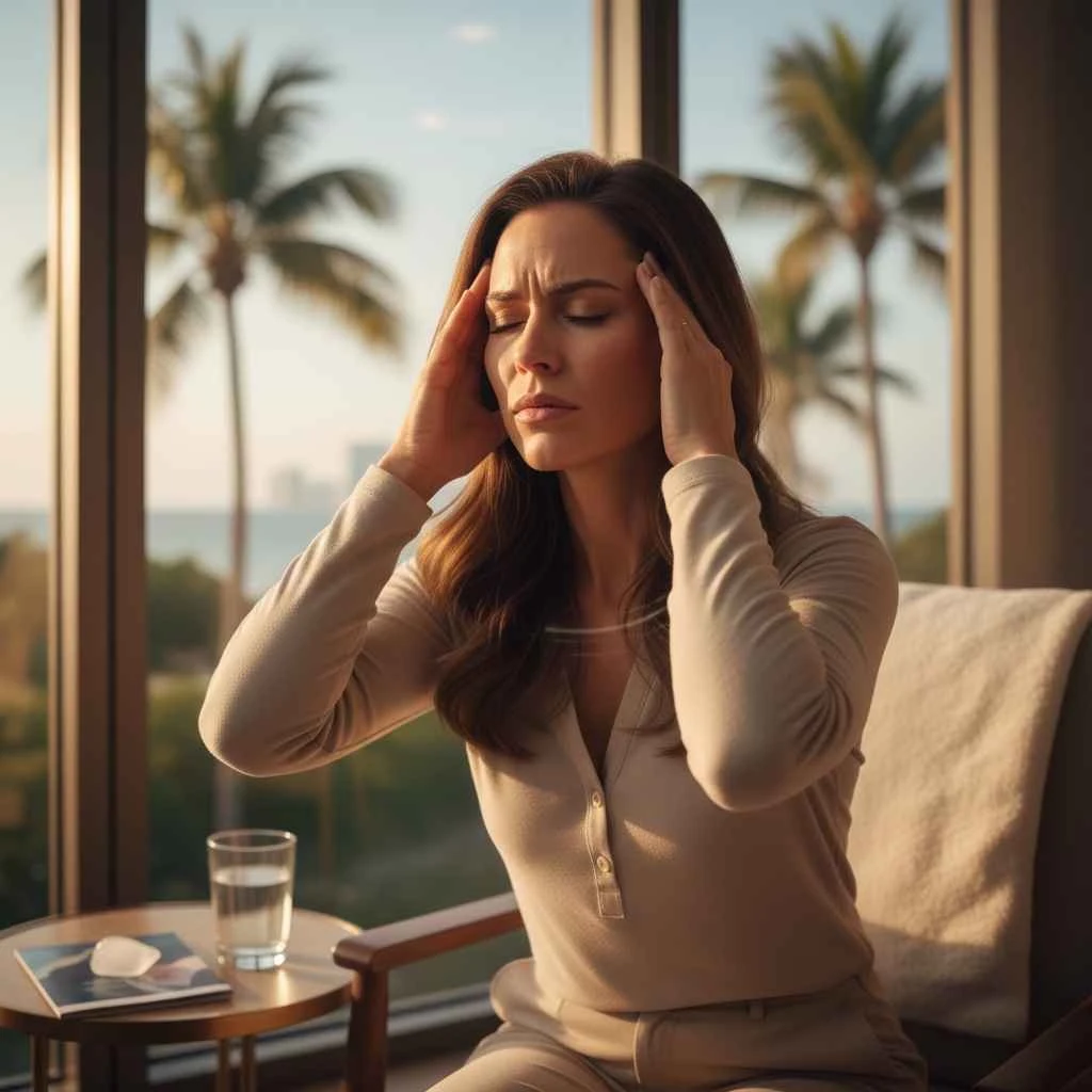 Can TMJ cause dizziness in Fort Lauderdale Patients? Patient holding jaw and head, indicating TMJ discomfort and dizziness