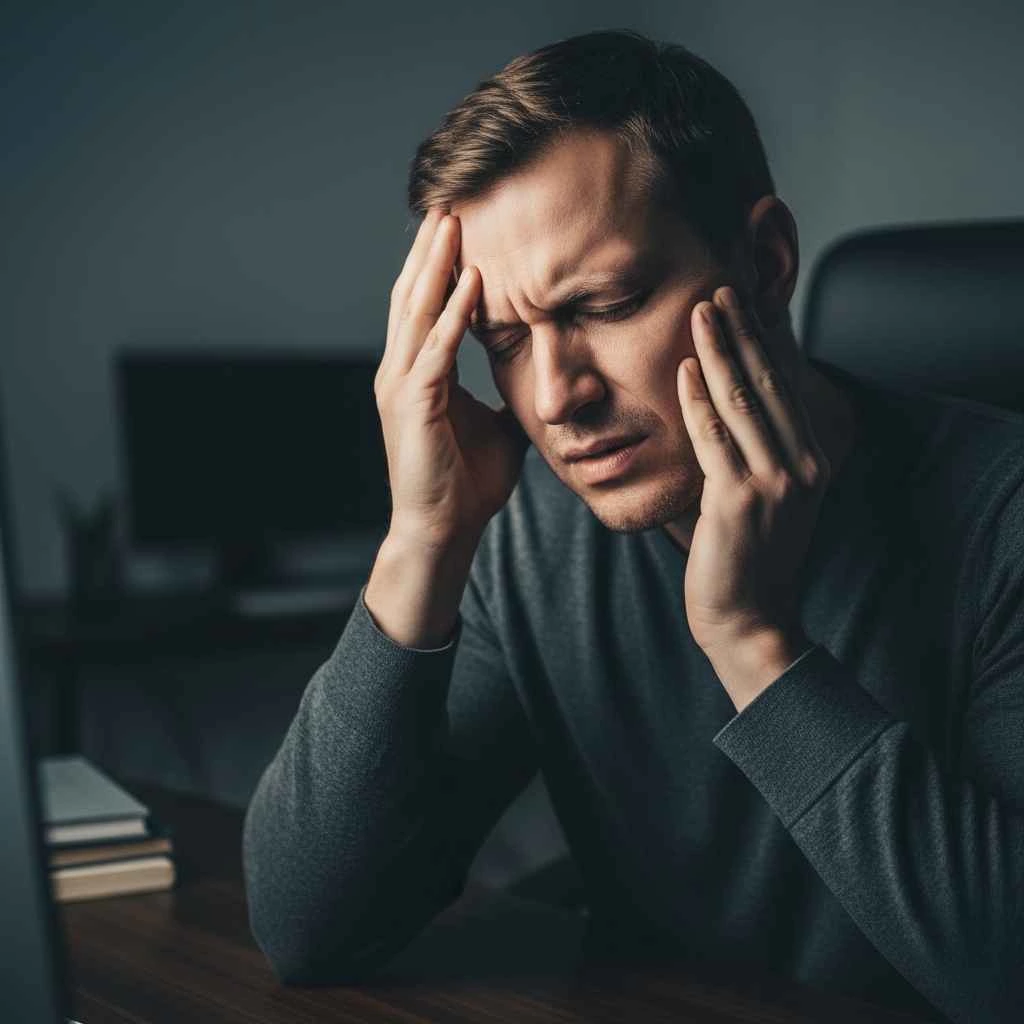 Can TMJ cause headaches for Fort Lauderdale people? Person touching their jaw while experiencing a headache