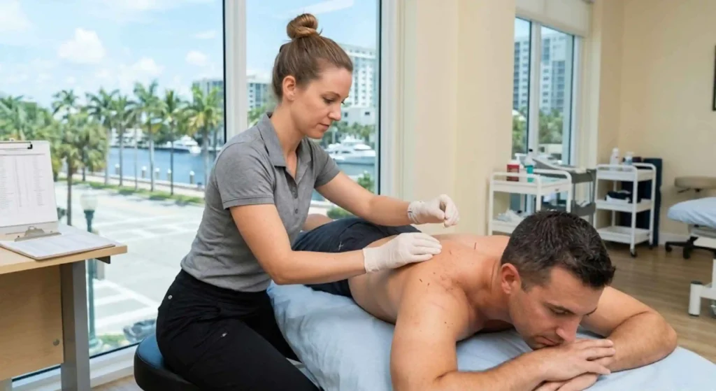 Dry Needling in Fort Lauderdale for Muscle Pain Relief therapist performing dry needling on shoulder
