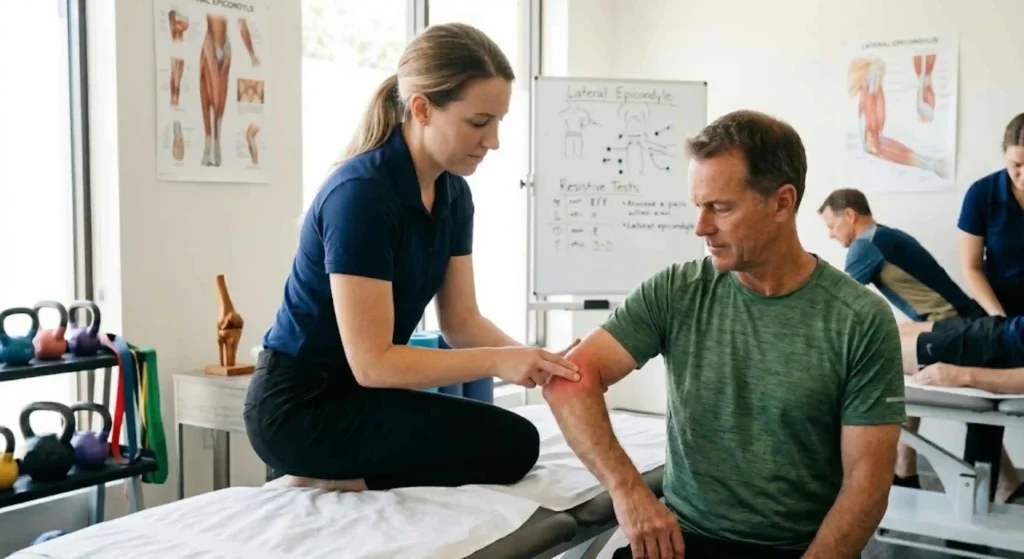 Physical Therapy for Tennis Elbow: Proven Treatment Options Physical therapist assessing tennis elbow pain in clinic