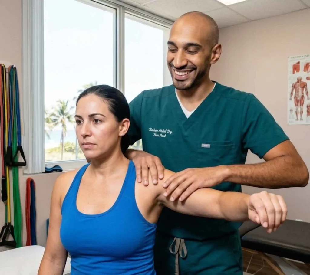 Rehabilitation Exercises for Frozen Shoulder Fort Lauderdale Physical therapist assisting frozen shoulder patient with shoulder mobility exercises in Fort Lauderdale