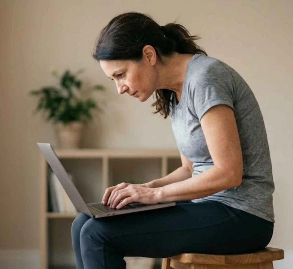 Neck Mobility Exercises to Combat Tech Neck Syndrome person sitting with poor desk posture using a laptop.