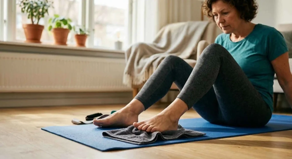 How to Strengthen the Foot and Ankle After Plantar Fasciitis Person doing towel scrunch exercises for plantar fasciitis recovery